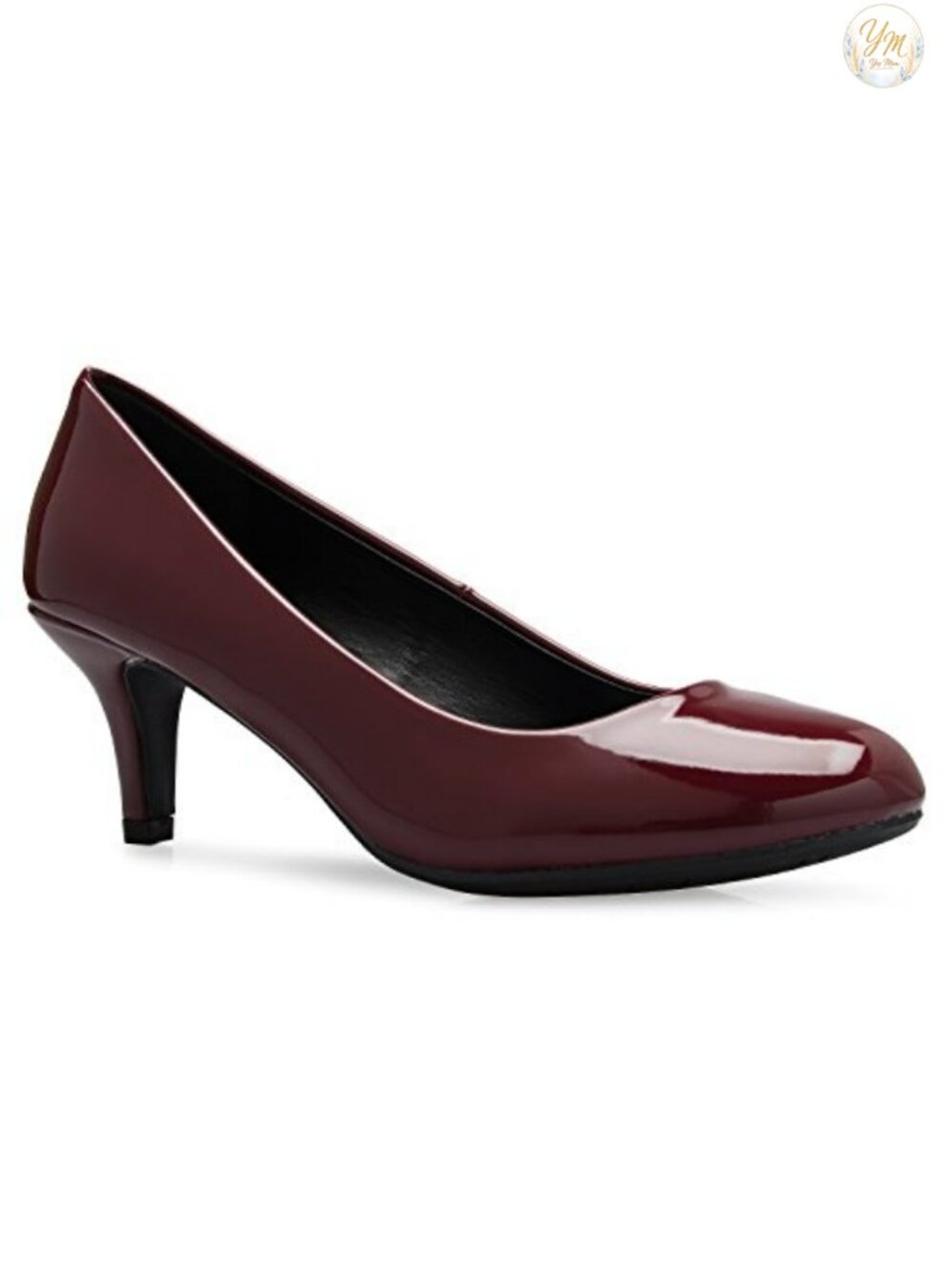Wine Patent Kitten Heel Dress Pumps Round Toe Pull On Formal Shoes